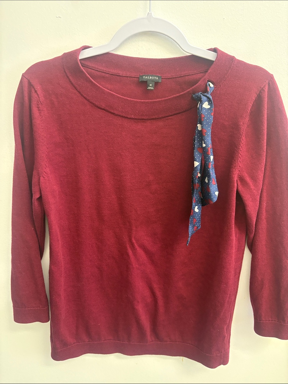 Talbots Burgundy Crewneck Sweater with Navy Scarf Detail